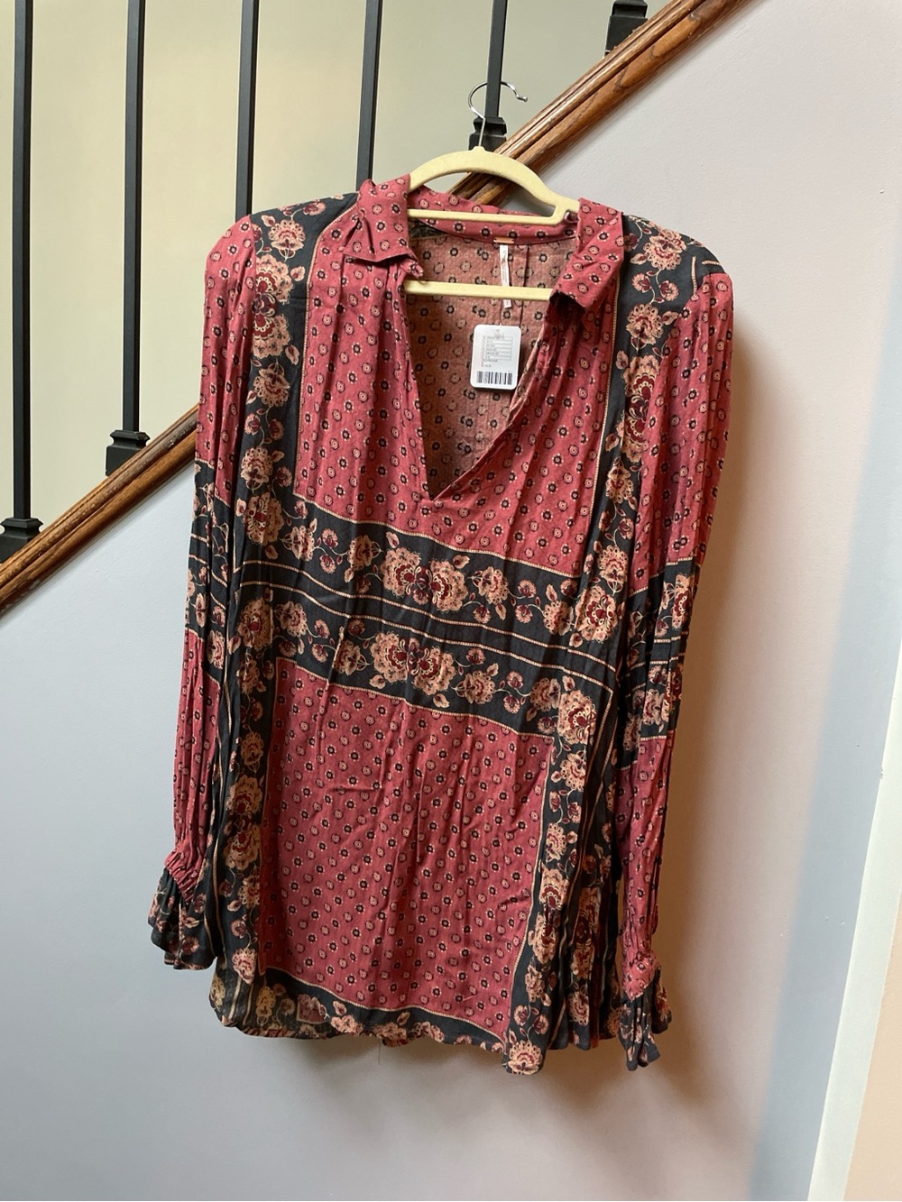 Free People Floral Patchwork V-Neck Blouse - Rust & Black
